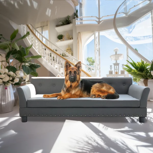 Rectangle dog sofa bed, grey microfiber leather, elevated wooden legs