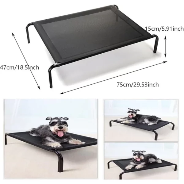 Detail of the sturdy black steel frame of the elevated dog bed
