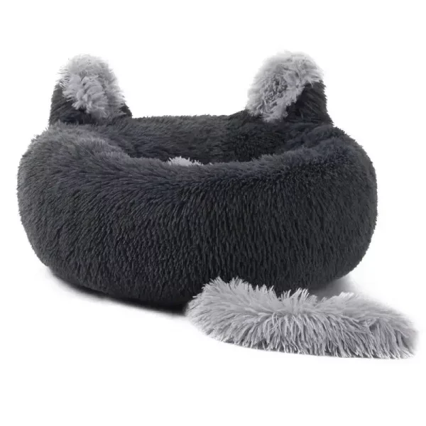 Top view of a cosy dark grey round pet bed, showing the plush interior
