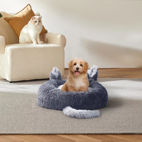 Side profile of a dark grey plush pet bed, highlighting its soft material