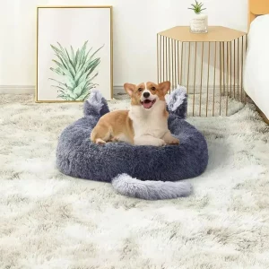 Dark Grey 50cm Round Plush Pet Dog Cat Bed with Cute Ears, UNITED KINGDOM