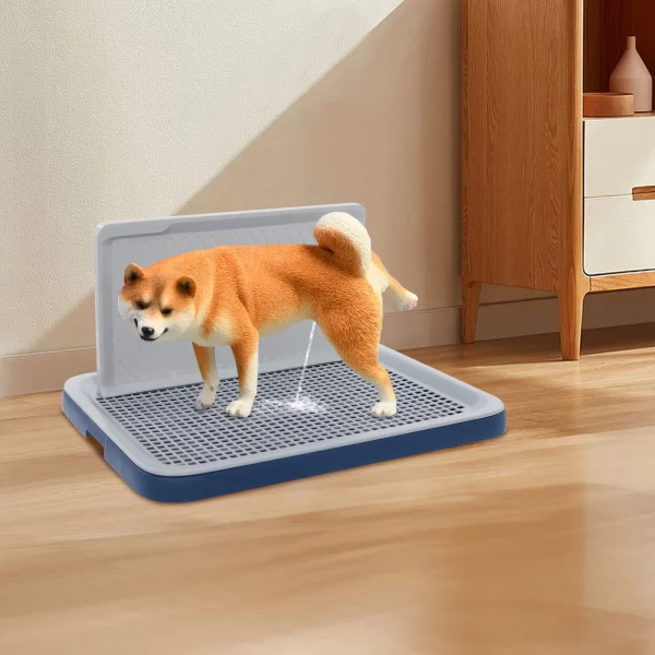 Blue dog potty tray, side view with anti-slip pads