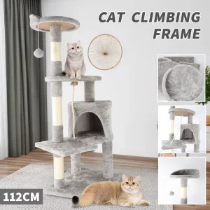 Front view of a multi-level cat tree with scratching posts and perches.