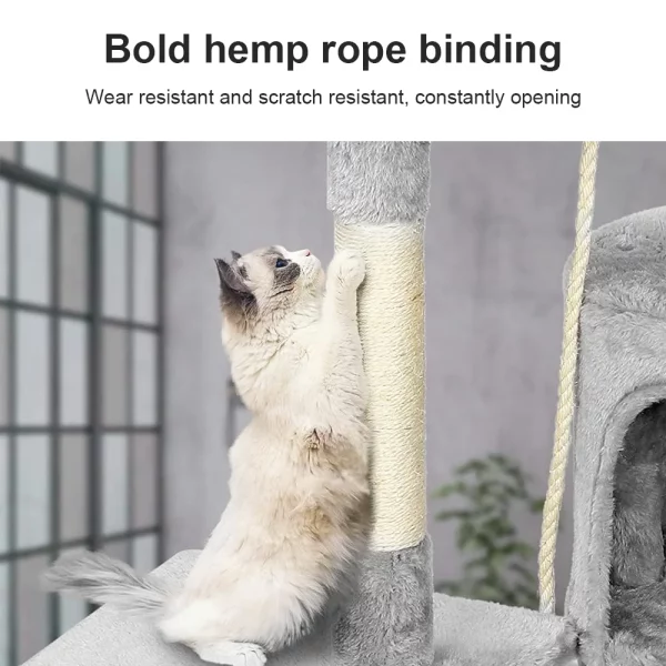 Side profile of the cat tree showcasing its height and various platforms.
