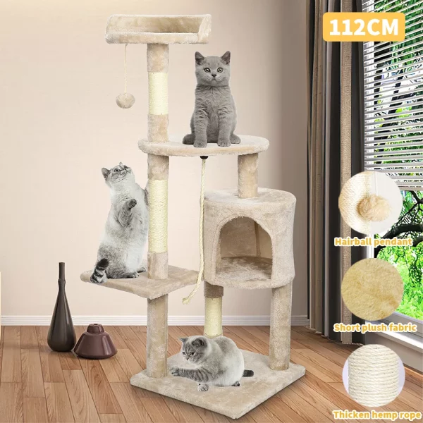 Detail of the durable jute rope wrapped scratching post on the cat tree.