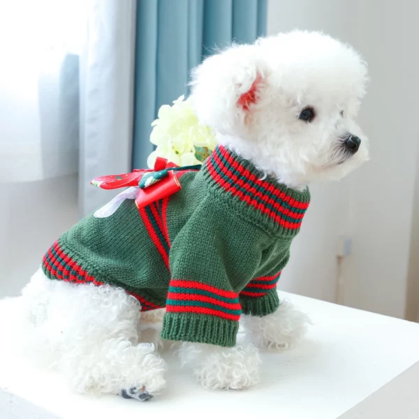 Close-up of the knitted texture and pattern of the pet sweater.