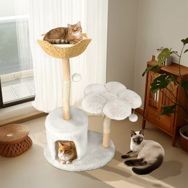 Overview of a multi-level cat condo with caves and perches