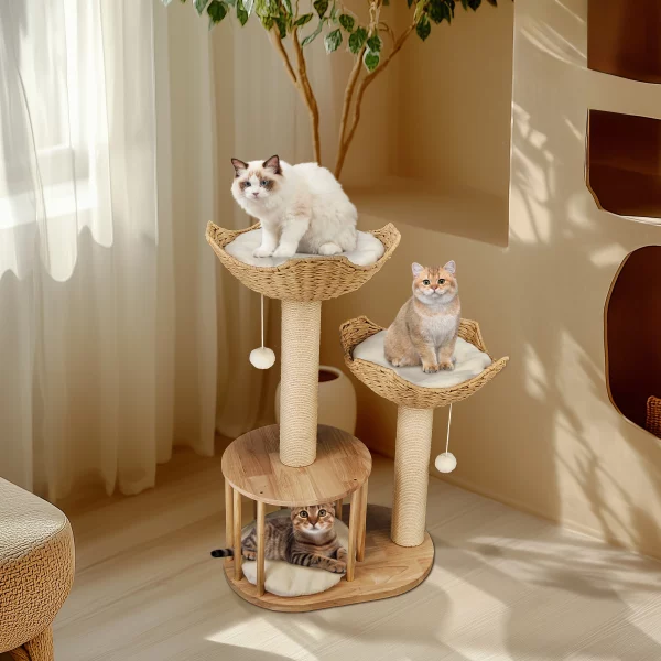 Cat tree base showing stability and natural wood elements