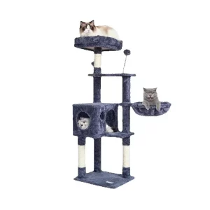 Dark grey multi-level indoor cat tree, front view