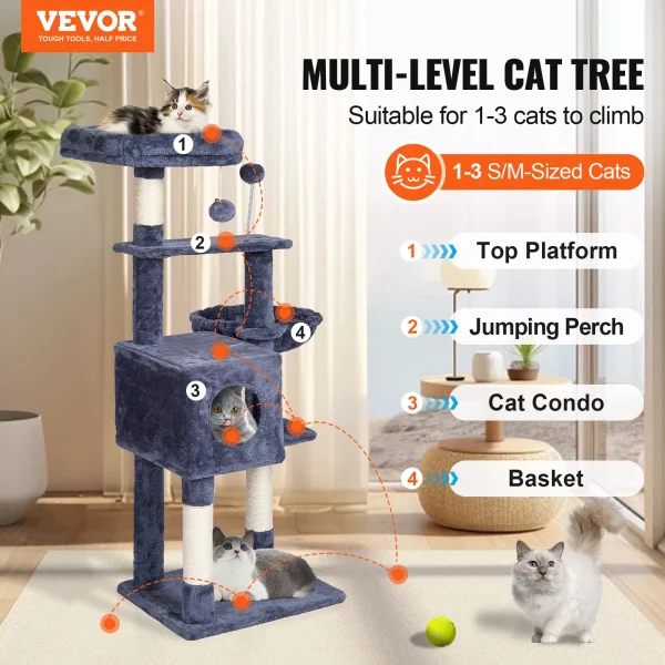 Indoor cat tower showing perch, condo, and scratching posts