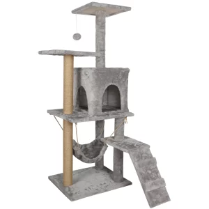 126cm cat climbing frame, front view with multiple levels and scratching posts.