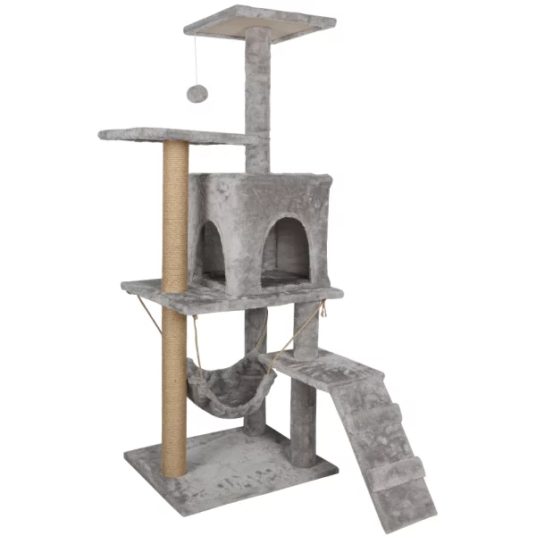 126cm cat climbing frame, front view with multiple levels and scratching posts.