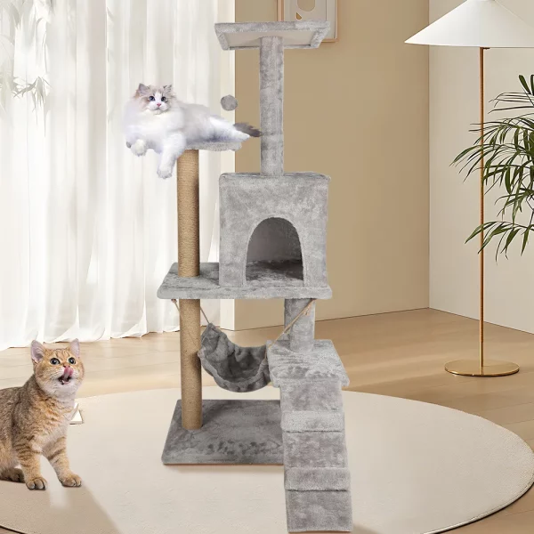 Side profile of the multi-level cat tree, highlighting its height and stability.