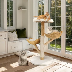 Modern cat tree activity tower with plush cushion, natural wood finish
