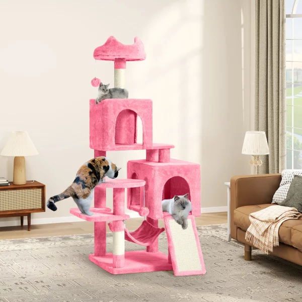 YITAHOME Pink 137cm Cat Tree - 2 Sisal Posts, Caves & Hammock with Toys for Large Cats, Pink, Italy