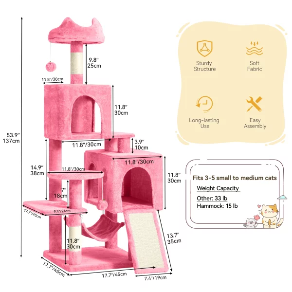 Overall structure of the pink cat tree, highlighting its height and multiple platforms