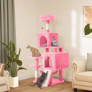 Full view of the pink 137cm cat tree with multiple levels and accessories