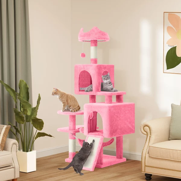 Full view of the pink 137cm cat tree with multiple levels and accessories