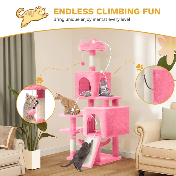 A cat lounging peacefully in the suspended hammock of the pink cat tree
