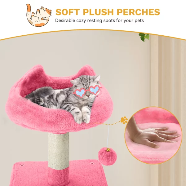 Detail showing the hanging plush toys designed for interactive play on the cat tree