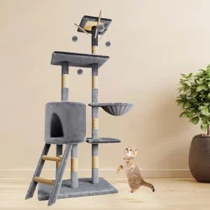Multi-Level Cat Tree Indoor Climbing Activity Cat Tower with Scratching Posts, Hammock, and Tunnel, Pet Play House