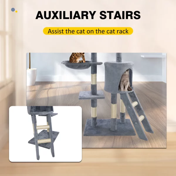 Side view of a tall, stable grey cat tree
