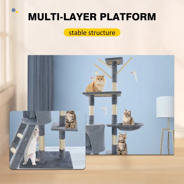 Cat tree showing integrated toy mice for play