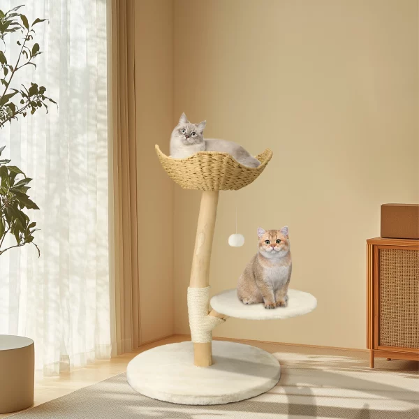 Side view of the multi-level wooden cat tree showing its height.
