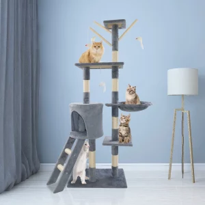 Cat tree with multiple levels and scratching posts, front view