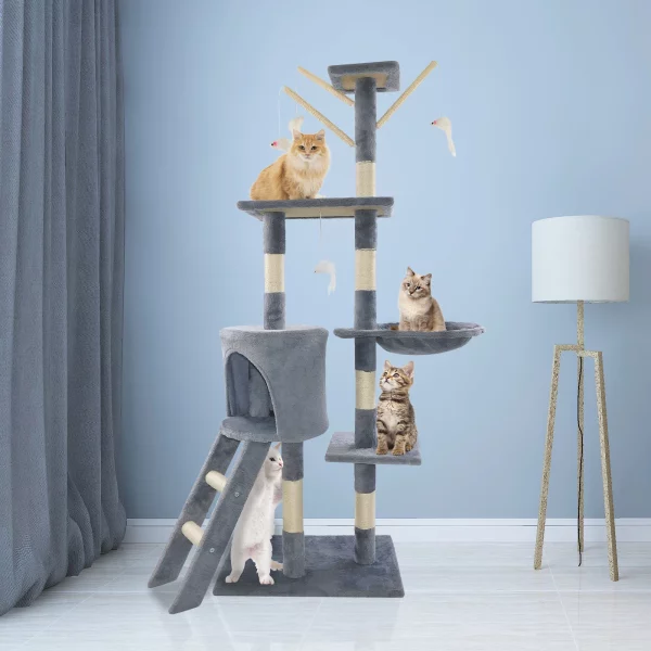 Cat tree with multiple levels and scratching posts, front view