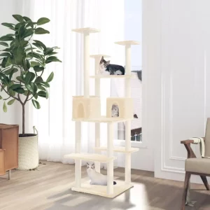 Side view of the tall cat climbing tower with multiple platforms