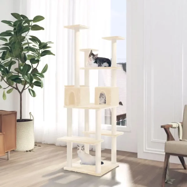 Side view of the tall cat climbing tower with multiple platforms