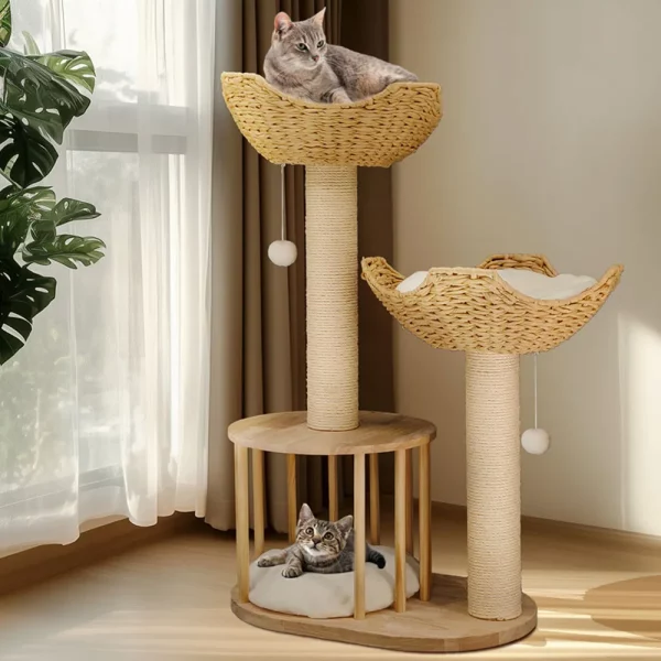 Front view of a 3-tier cat tree with plush perches and condo