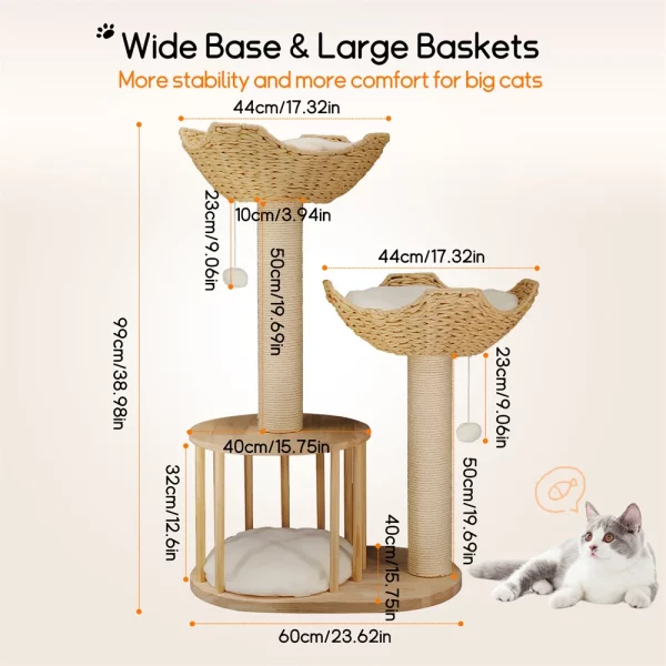 Cat playing with the hanging toy attached to the cat tree