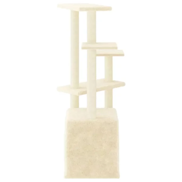 Cat playing on a multi-level cream cat tree