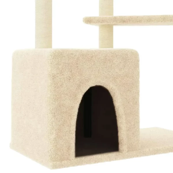 Sturdy base of a cream cat tree with sisal scratching surfaces
