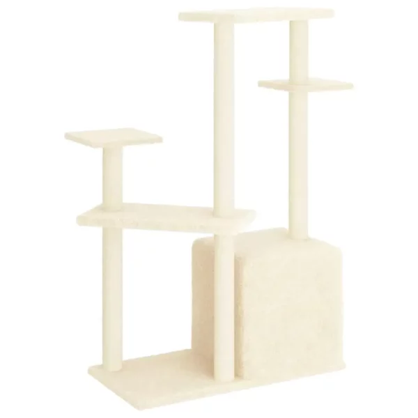 Perching platform on a tall cat tree with plush covering