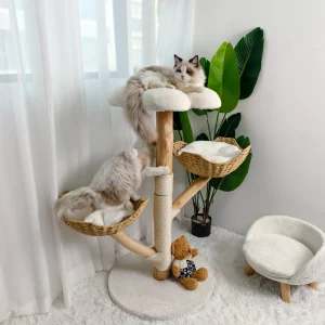 Modern cat tree activity tower, full view with plush cushion and sisal post, natural wood and white finish