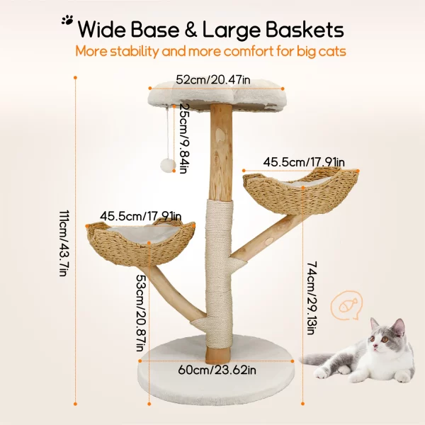 Base of the modern cat tree activity tower, highlighting its stable and wide design for safety