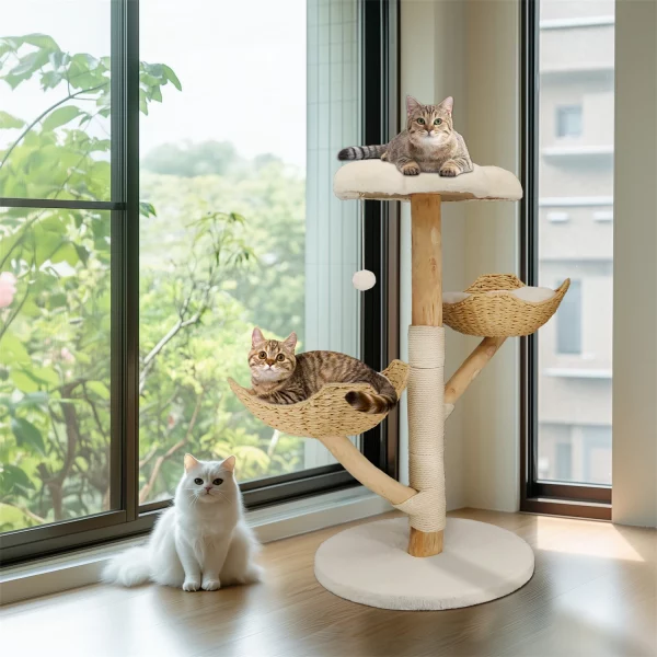 Close-up of the plush cushion on the modern cat tree activity tower, offering a soft resting spot