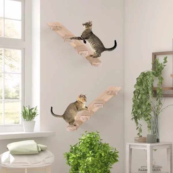 Multiple wall-mounted cat climbing shelves arranged in a creative configuration on a wall.