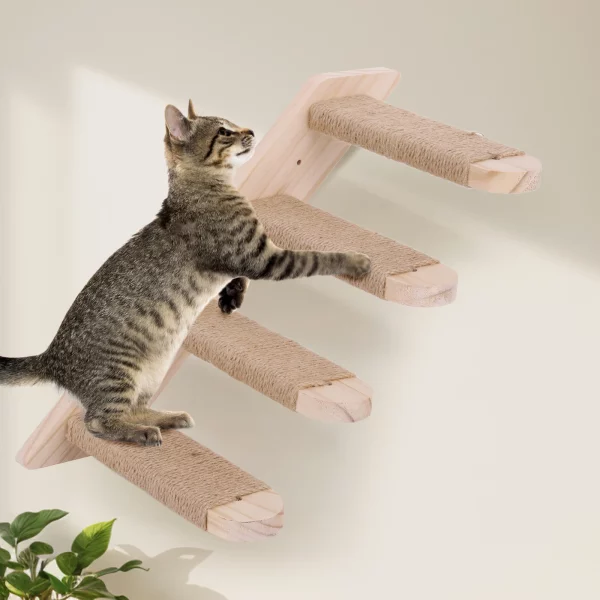 Cat actively using a wall-mounted cat climbing shelf, leaping between steps.