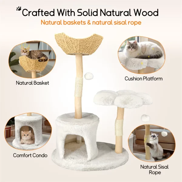 Full view of the wood cat tree in a living room setting