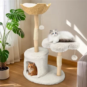 Modern cat tree with multiple levels and scratching post