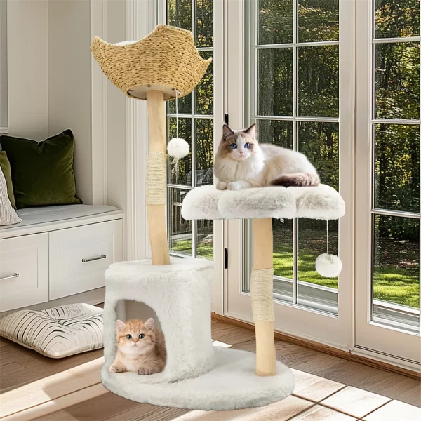 Cat lounging on the top perch of the modern cat tree