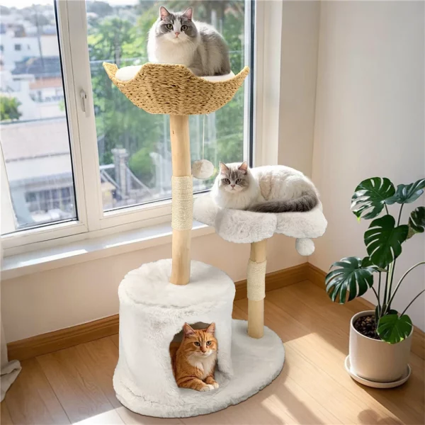 Close-up of the cozy condo on the wood cat tower