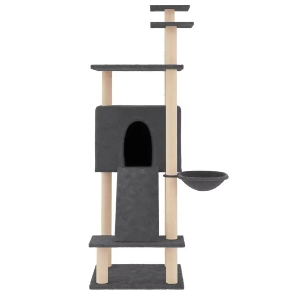 Cat resting on the top perch of the dark grey cat tree