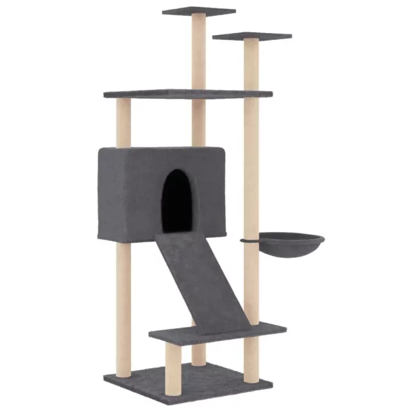 Close-up of sisal scratching posts and platforms on the cat tree