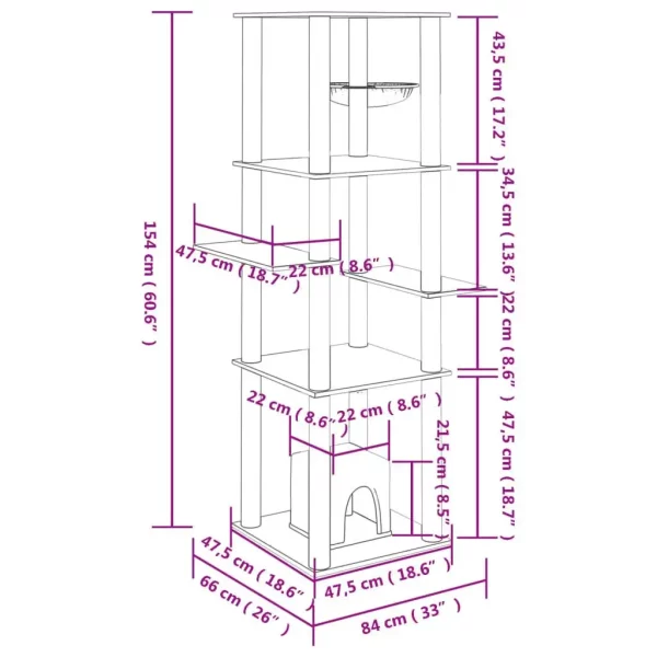 Overview of the complete light grey cat tree with all features visible.
