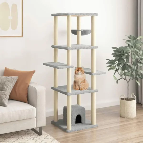 Light Grey Cat Tree 154cm with Sisal Scratching Posts - Perfect for Play & Climbing, UNITED KINGDOM